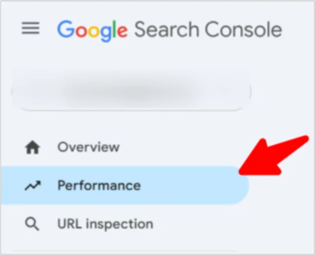 Screenshot of the Google Search Console navigation highlighting the Performance section with a red arrow.