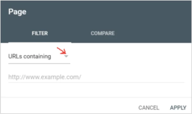 Google Search Console screenshot showing filter settings for URLs containing specific strings.