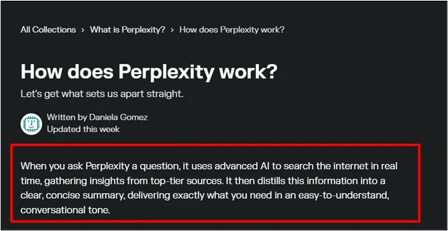 Perplexity AI explaining its method of aggregating top-tier sources into concise, conversational answers.