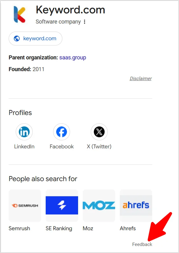 Google knowledge panel showing Keyword.com’s organization info, parent company, and related entities.