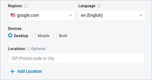 Screenshot of the settings panel in Keyword.com for selecting region, language, and device type