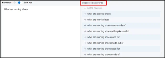 Keyword.com interface showing AI-generated keyword suggestions for the query "what are running shoes".