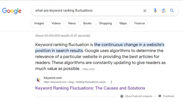 Google featured snippet defining keyword ranking fluctuations and search algorithms