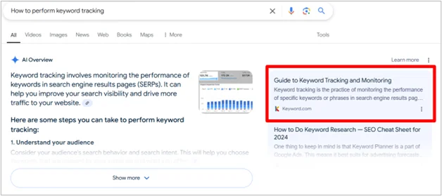 Screenshot of Google AI Overview results showing Keyword.com’s guide to keyword tracking highlighted in the sidebar.