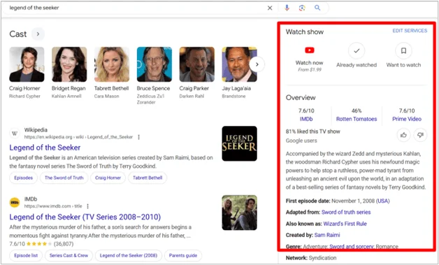 Google knowledge panel for the show "Legend of the Seeker" displaying cast, overview, and watch options.