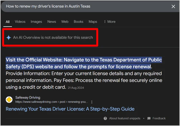 Google search result for how to renew a driver’s license in Austin, Texas showing a message that AI Overview is not available.