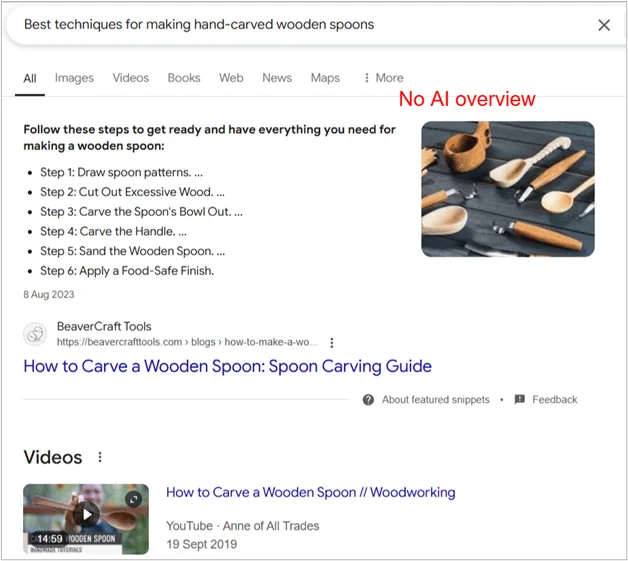 Google search result for how to carve a wooden spoon showing no AI Overview present.