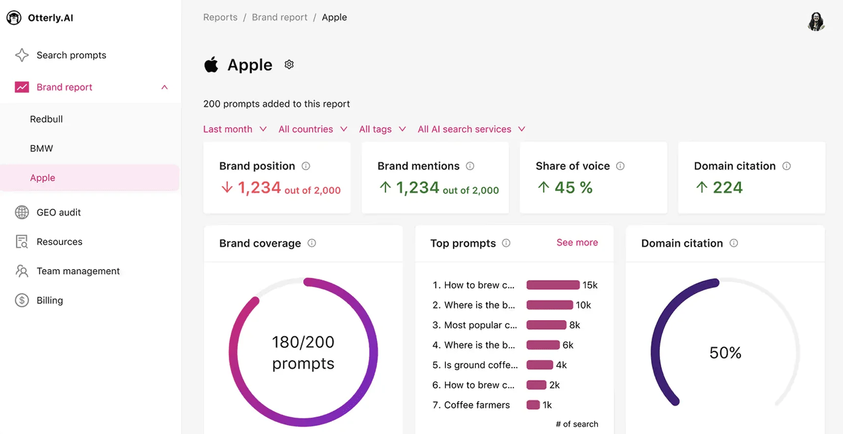 Otterly.AI dashboard showing Apple’s brand position, mentions, share of voice, and domain citations from AI search results.
