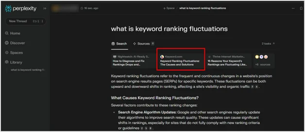 Screenshot of Perplexity AI listing Keyword.com for keyword ranking fluctuations, showcasing LLM source visibility.