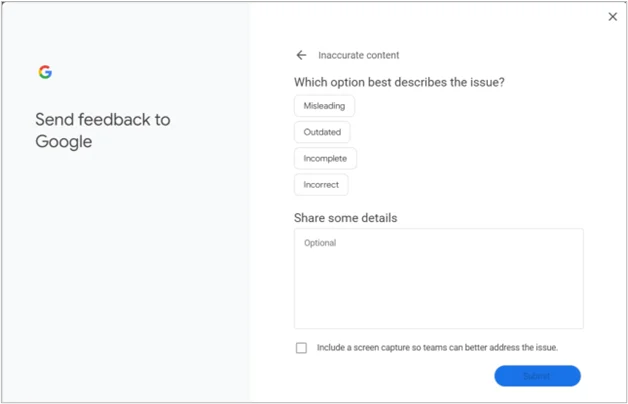 Google feedback panel showing reporting options for misleading or outdated knowledge panel content.