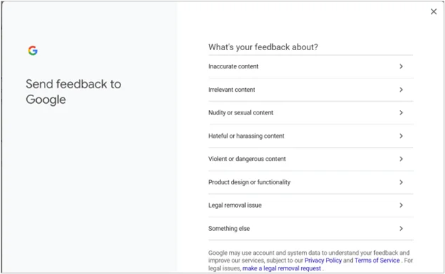 Google feedback interface showing content type options for submitting feedback on a knowledge panel.