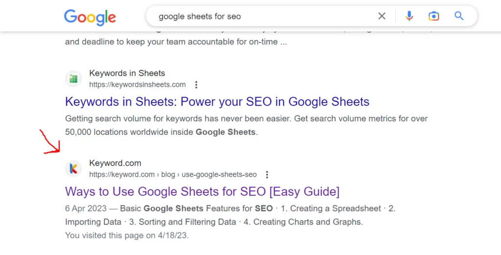 low difficulty keywords example 2: SERP result of our published content