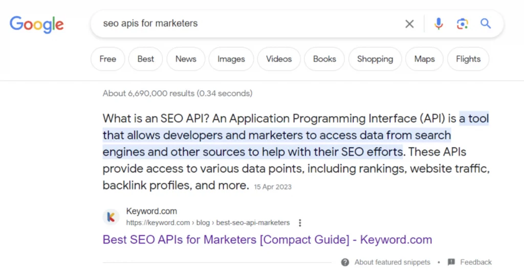Featured snippet for SEO apis article 