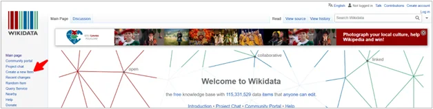 Screenshot of the Wikidata homepage with an arrow pointing to the “Create a new item” link in the sidebar.