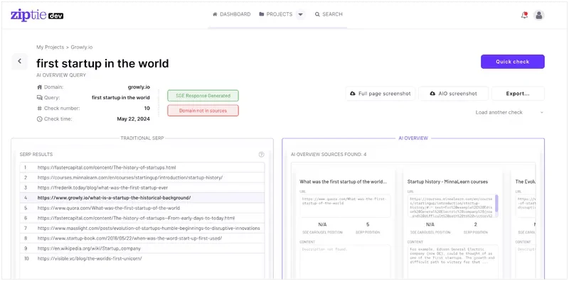 Screenshot of ZipTie AI tool showing traditional SERP results and AI overview sources for a search query.